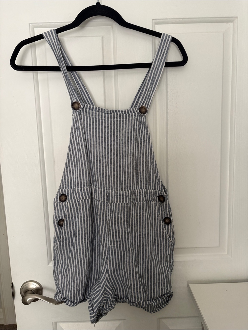 Blue & White Striped Linen Cotton blend Romper Overalls